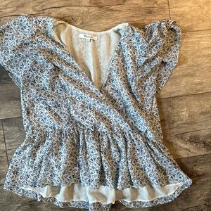 Madewell Blue and White Flutter Sleeve Wrap Blouse